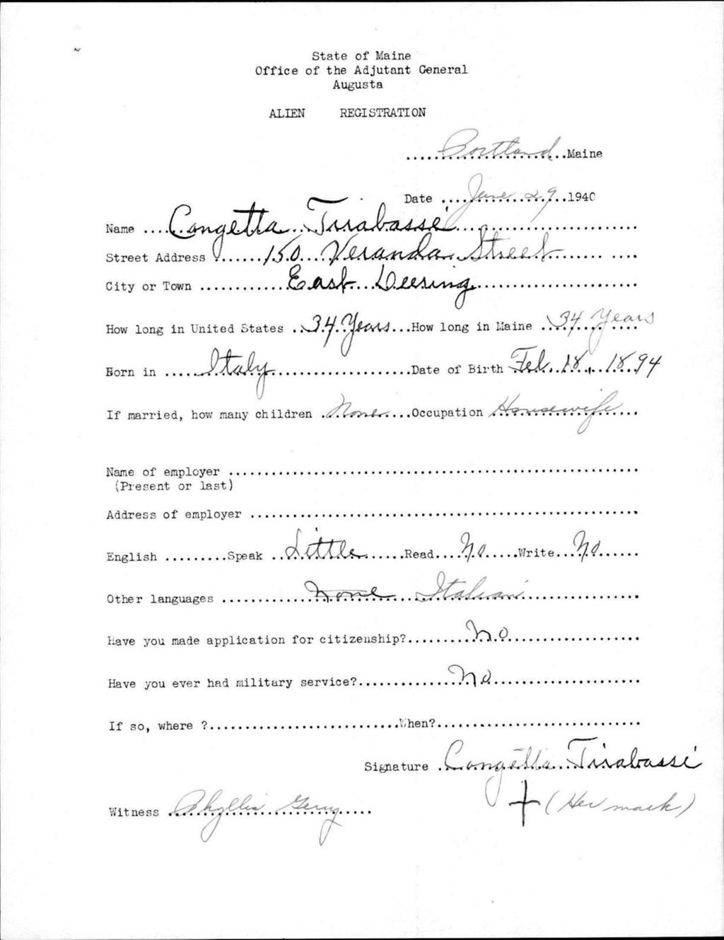 Miniature of Alien Registration- Tirabasse, Congetta (Portland, Cumberland County)