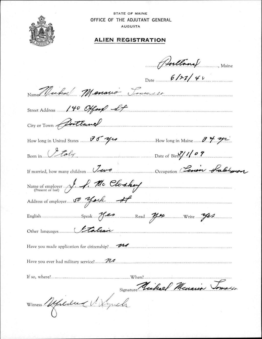 Miniature of Alien Registration- Tomasso, Michael M. (Portland, Cumberland County)