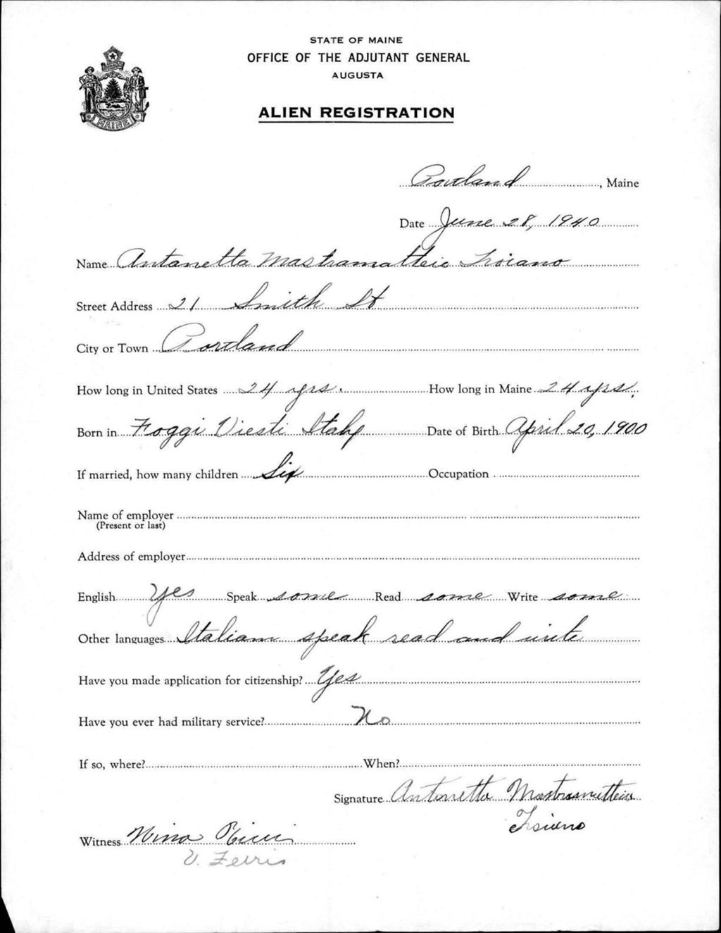 Miniature of Alien Registration- Mastramatteie, Antonetta (Portland, Cumberland County)