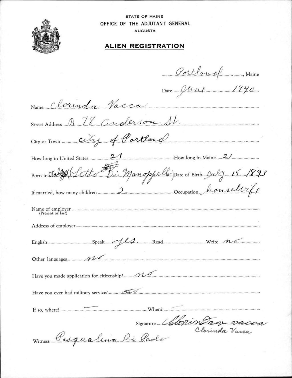 Miniature of Alien Registration- Vacca, Clorinda (Portland, Cumberland County)