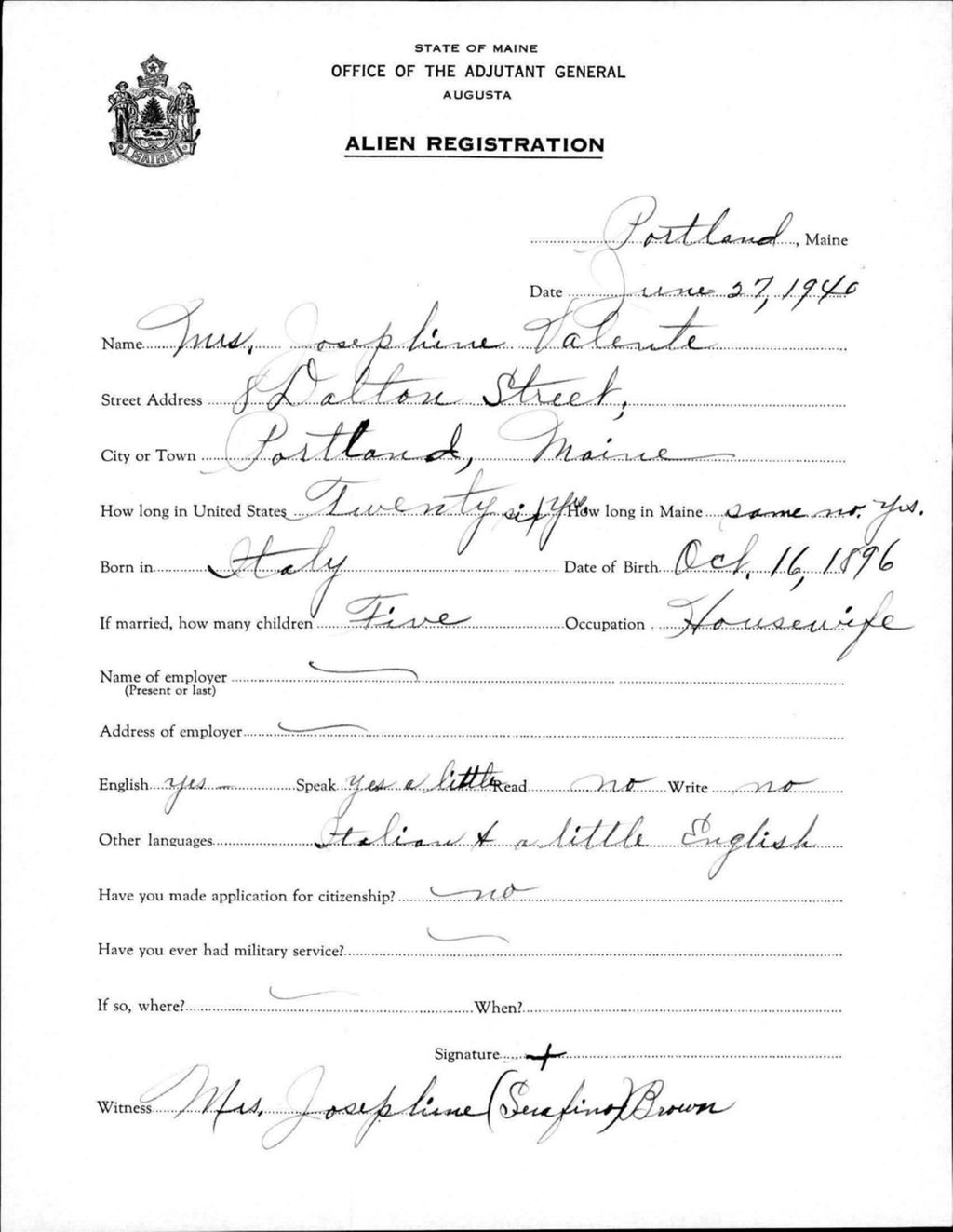 Miniature of Alien Registration- Valente, Josephine (Portland, Cumberland County)