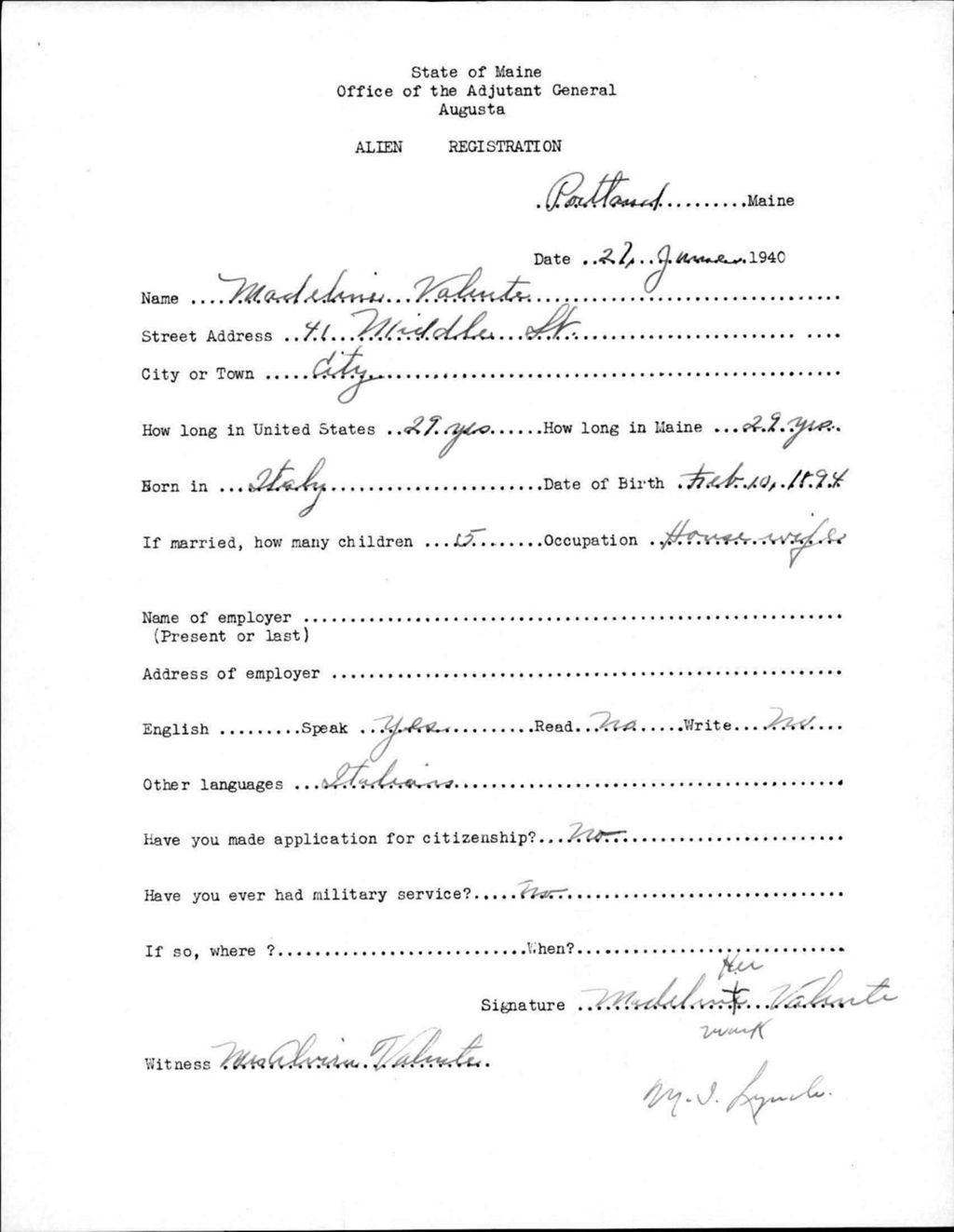 Miniature of Alien Registration- Valente, Madeline (Portland, Cumberland County)