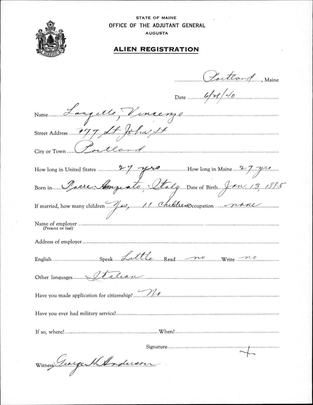 Miniature of Alien Registration- Vineenzo, Langello (Portland, Cumberland County)