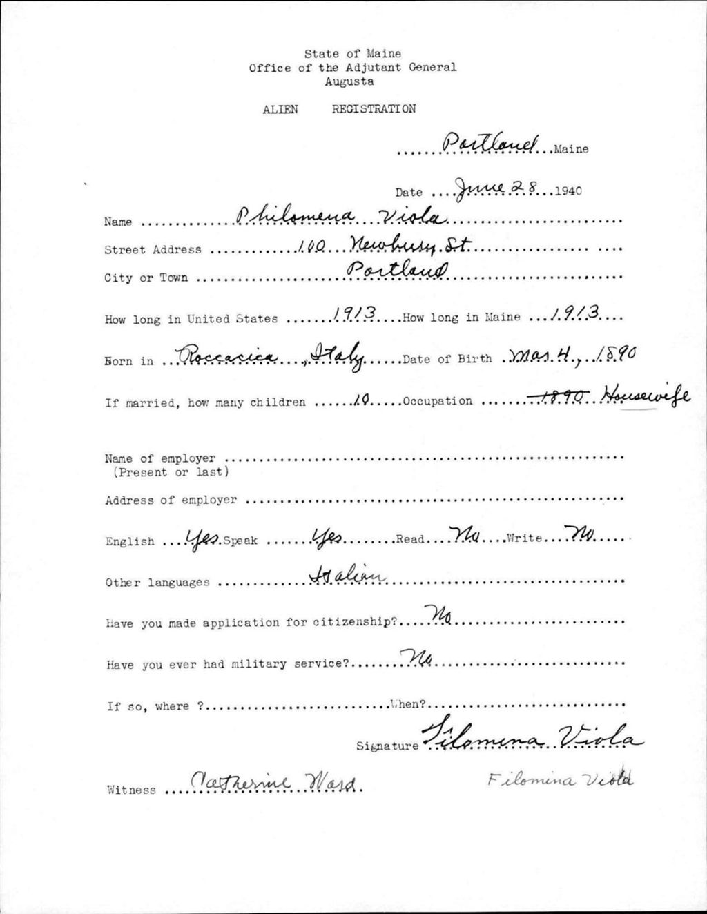 Miniature of Alien Registration- Viola, Philomena (Portland, Cumberland County)
