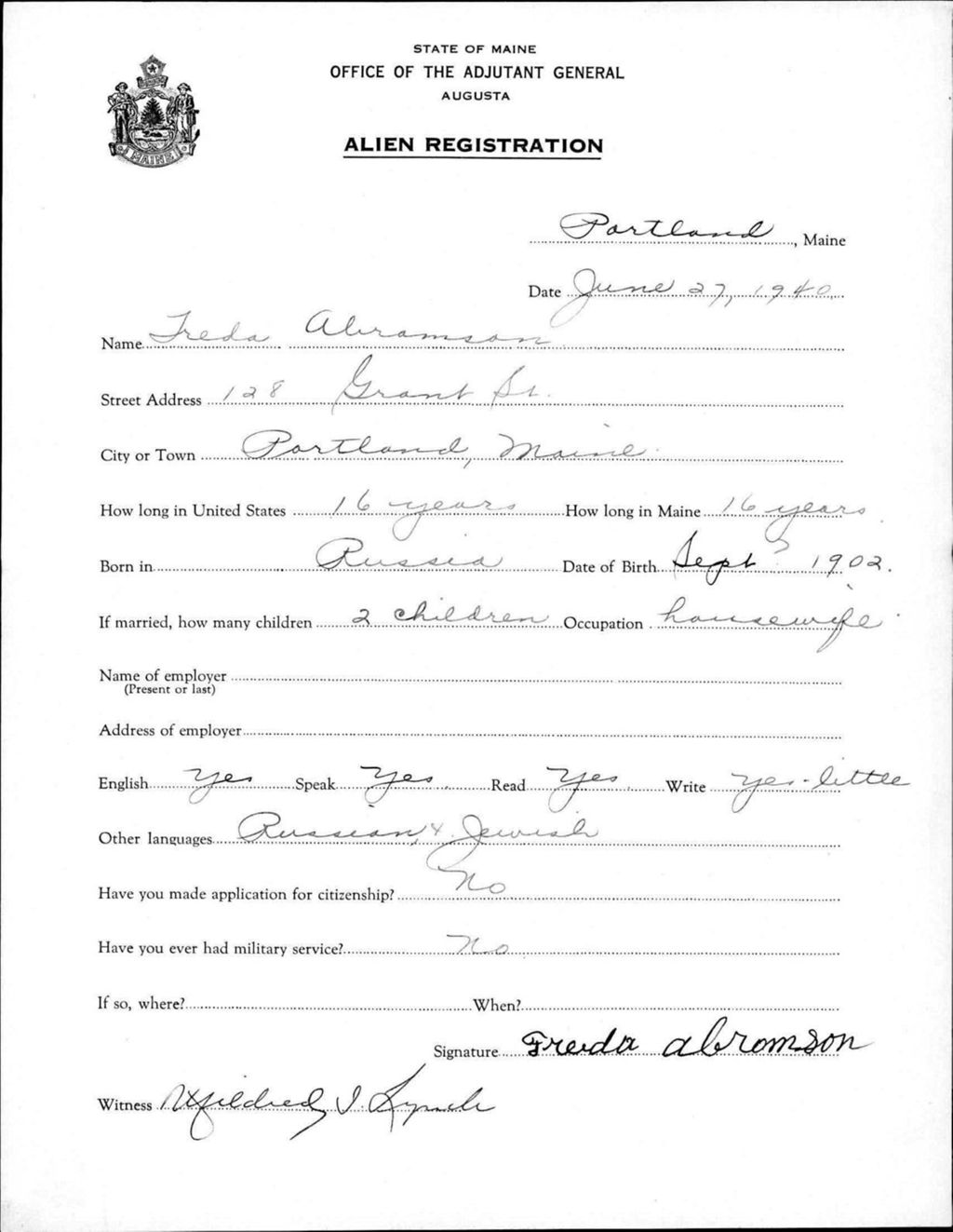 Miniature of Alien Registration- Abramson, Freda (Portland, Cumberland County)