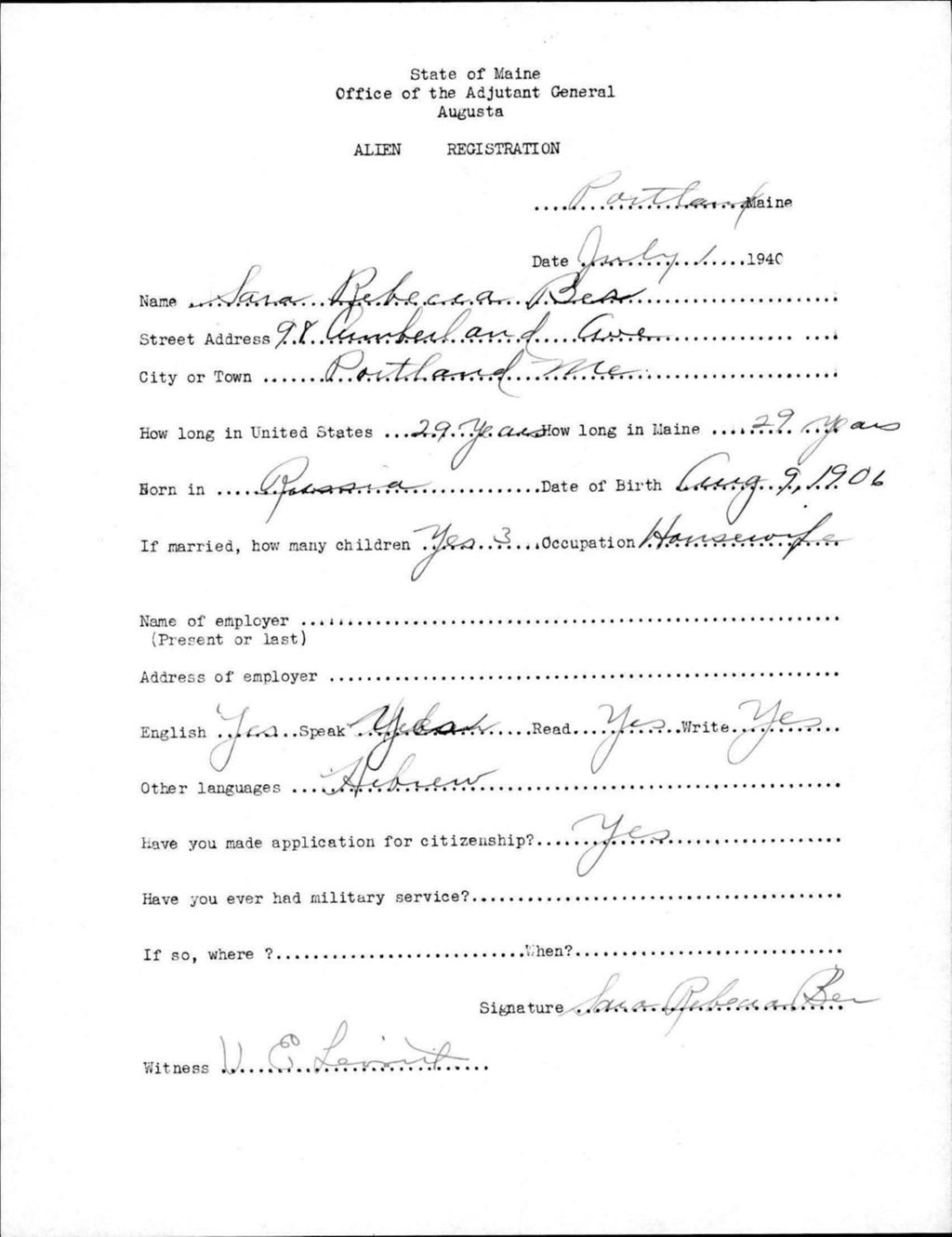 Miniature of Alien Registration- Ber, Sara R. (Portland, Cumberland County)