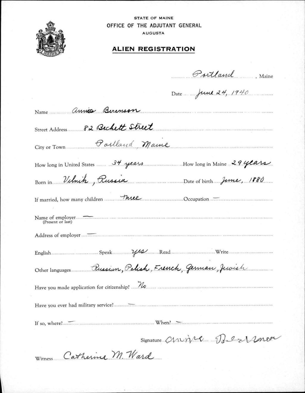 Miniature of Alien Registration- Berenson, Annie (Portland, Cumberland County)