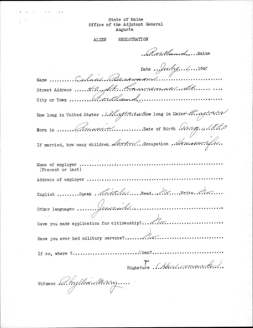 Miniature of Alien Registration- Berenson, Celia (Portland, Cumberland County)