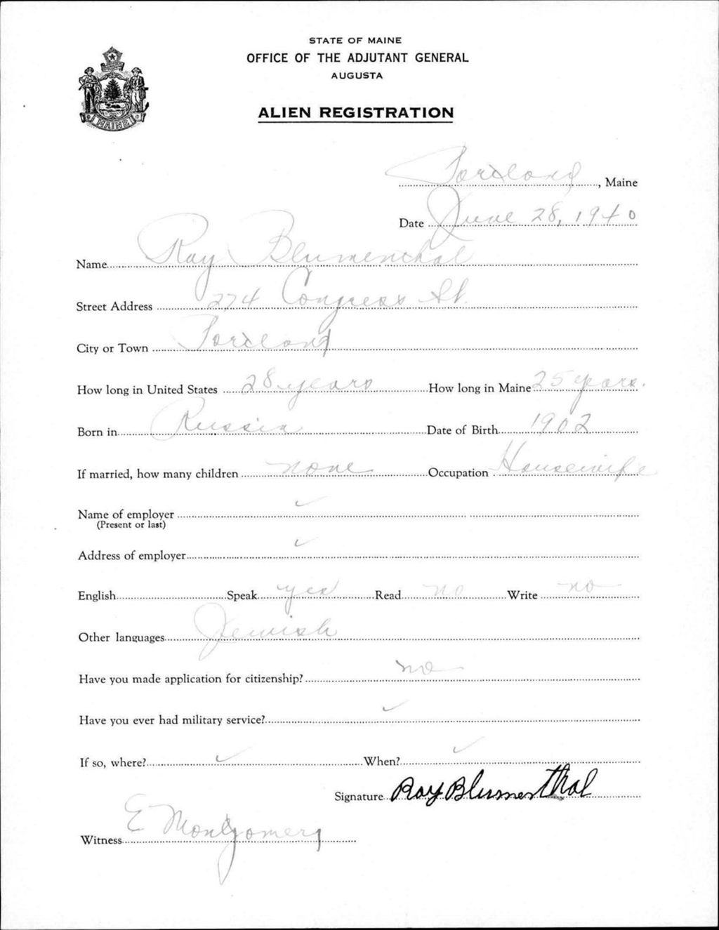 Miniature of Alien Registration- Blumenthal, Ray (Portland, Cumberland County)