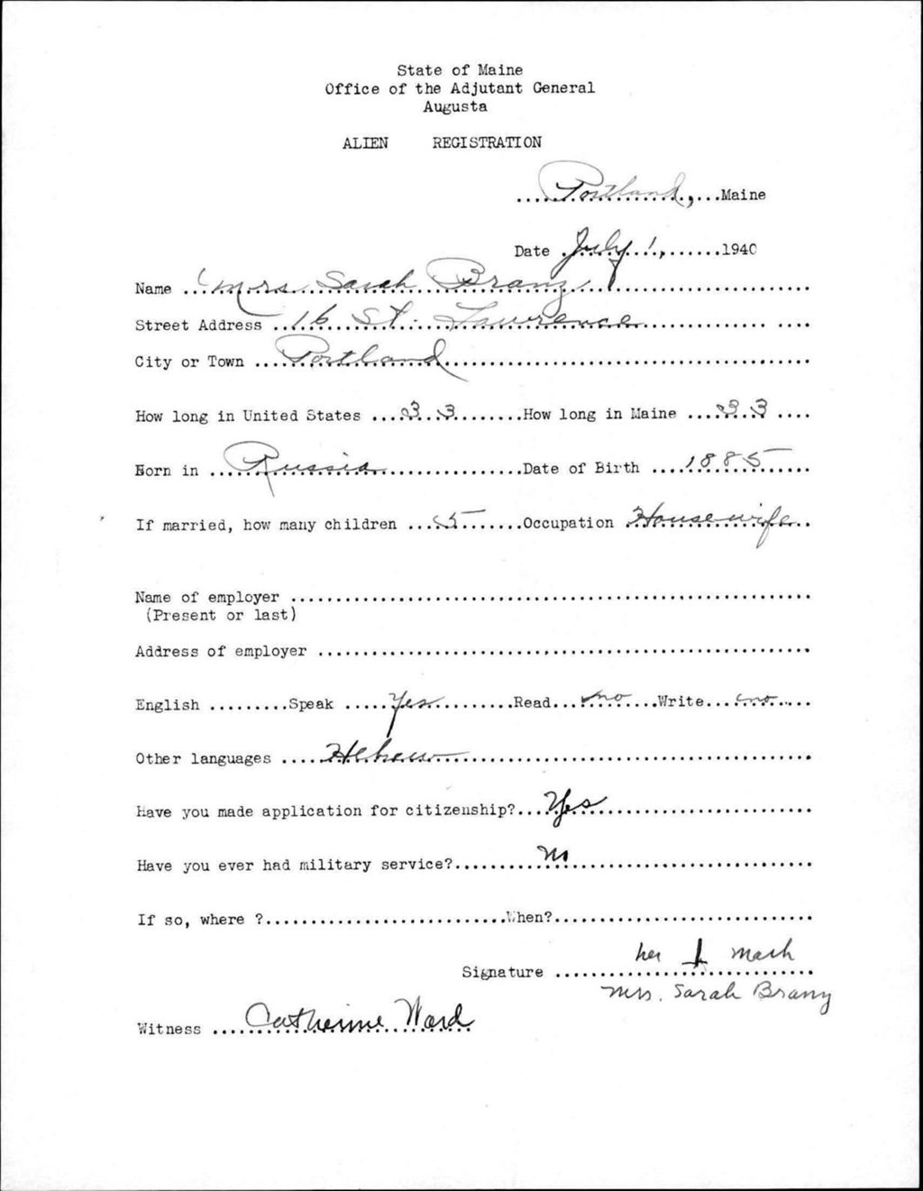 Miniature of Alien Registration- Branz, Sarah (Portland, Cumberland County)
