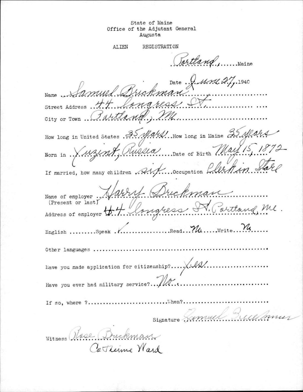 Miniature of Alien Registration- Brickman, Samuel (Portland, Cumberland County)