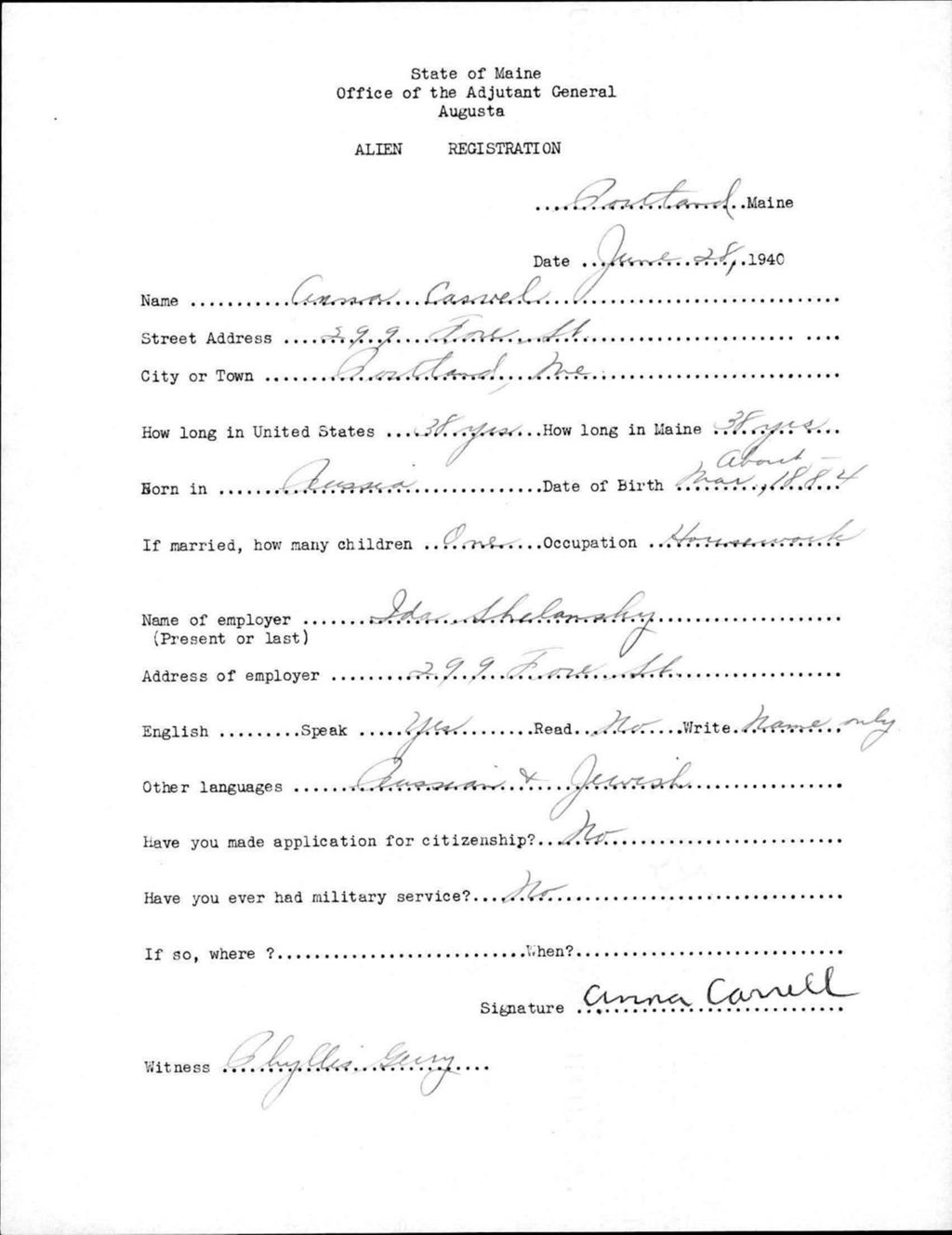 Miniature of Alien Registration- Carvel, Anna (Portland, Cumberland County)
