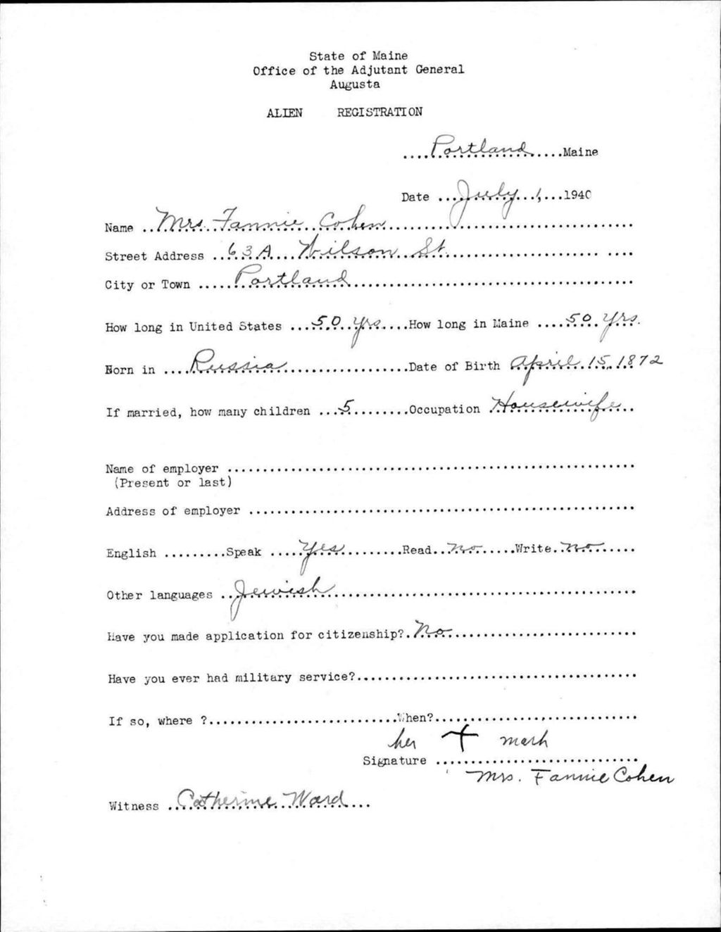 Miniature of Alien Registration- Cohen, Fannie (Portland, Cumberland County)
