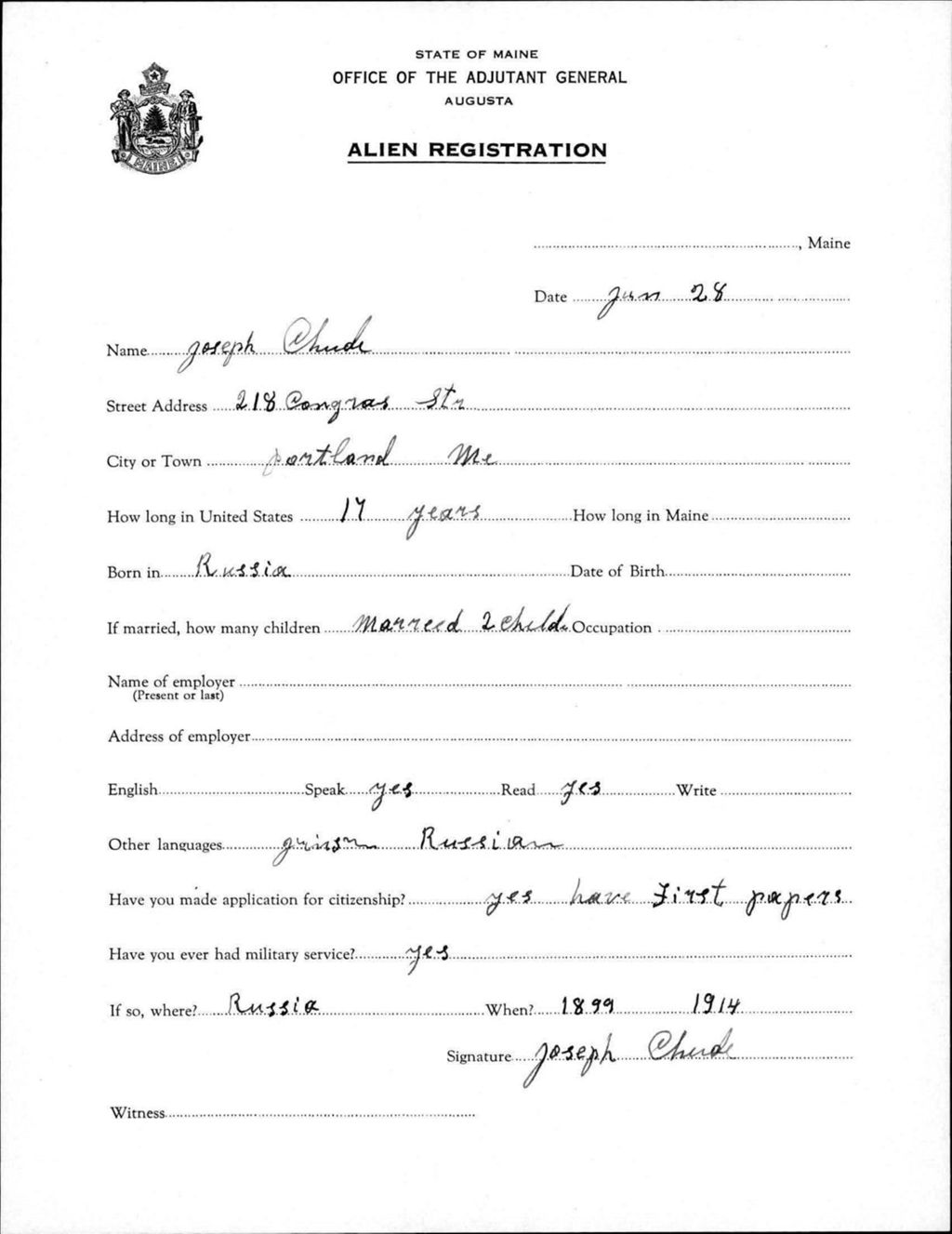 Miniature of Alien Registration- Chude, Joseph (Portland, Cumberland County)