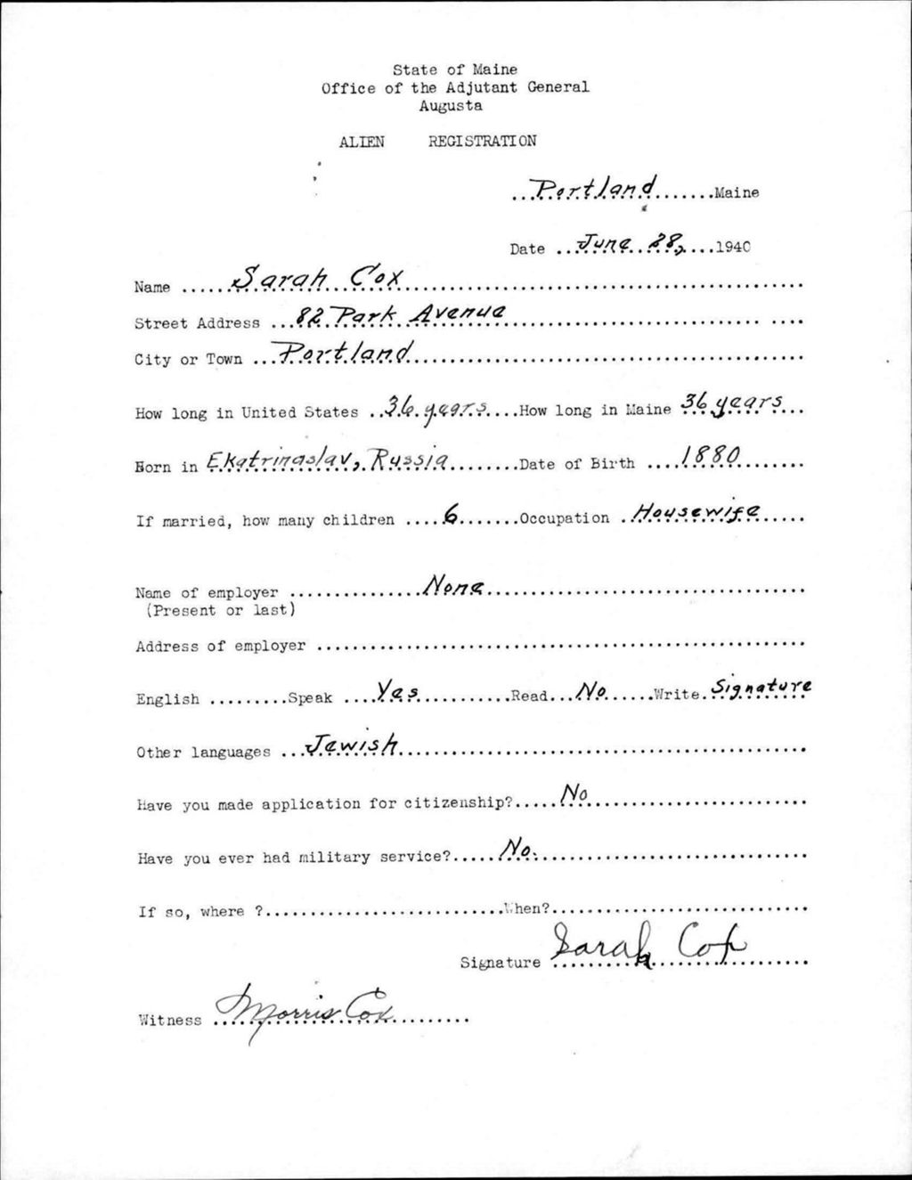 Miniature of Alien Registration- Cox, Sarah (Portland, Cumberland County)