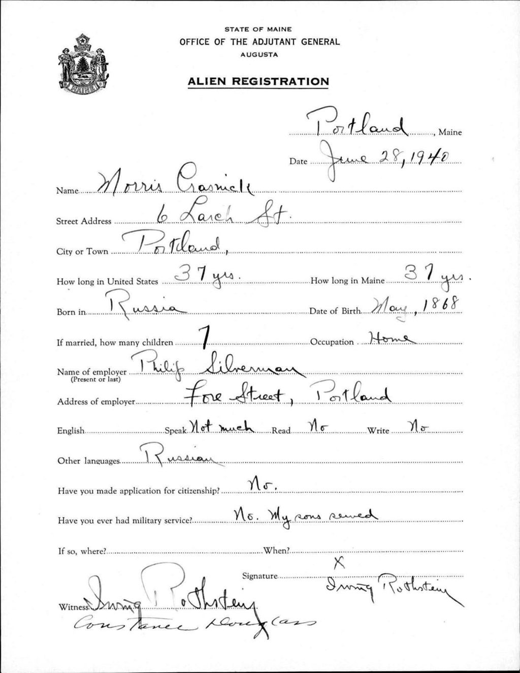Miniature of Alien Registration- Crasnick, Morris (Portland, Cumberland County)