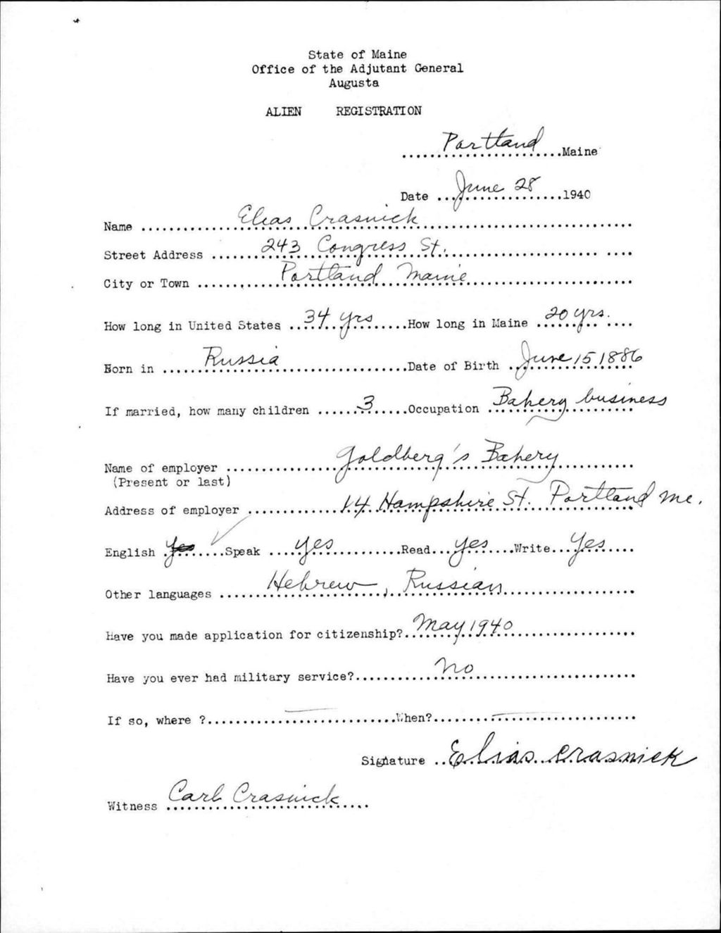 Miniature of Alien Registration- Crasnick, Elias (Portland, Cumberland County)