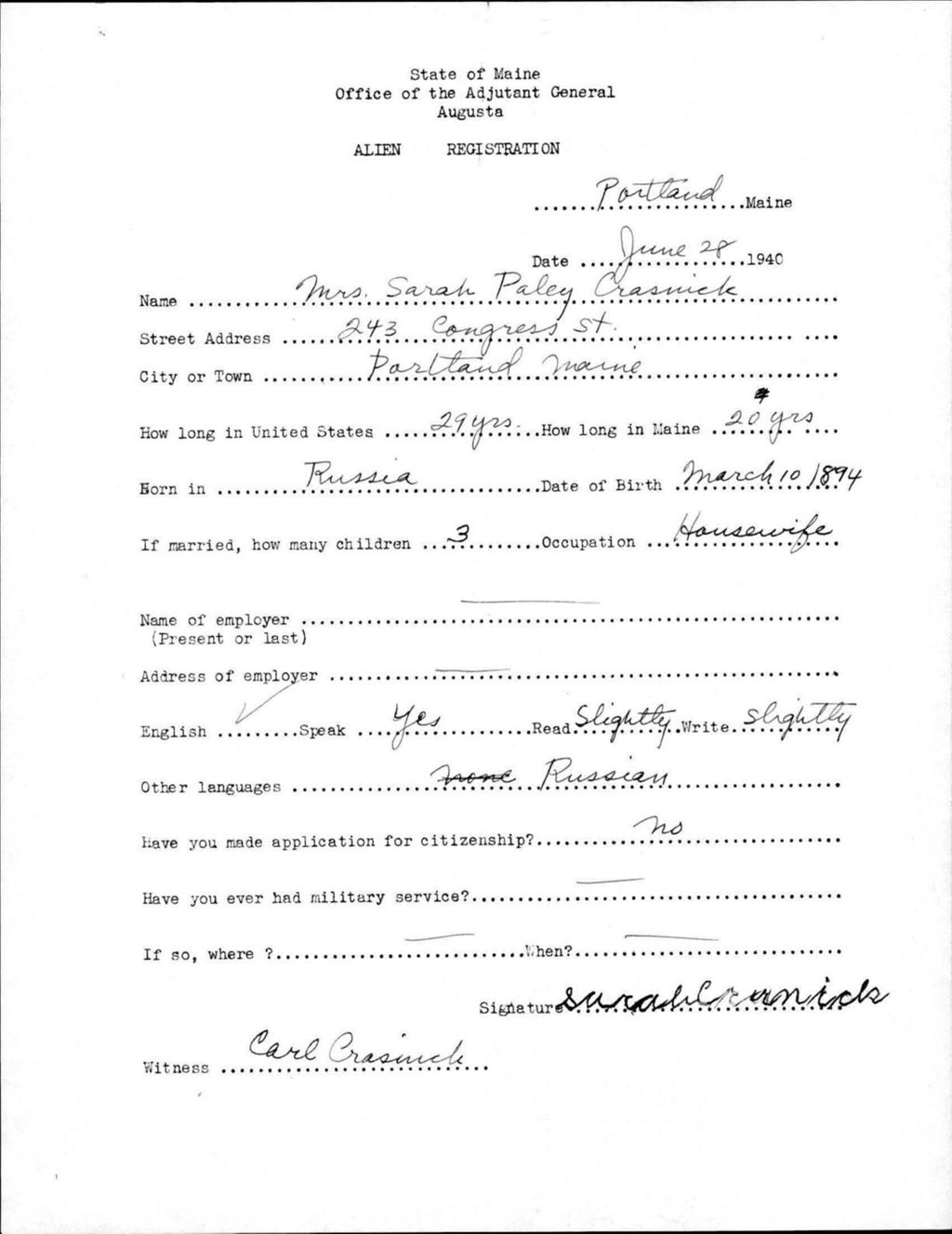 Miniature of Alien Registration- Paley, Sarah (Portland, Cumberland County)