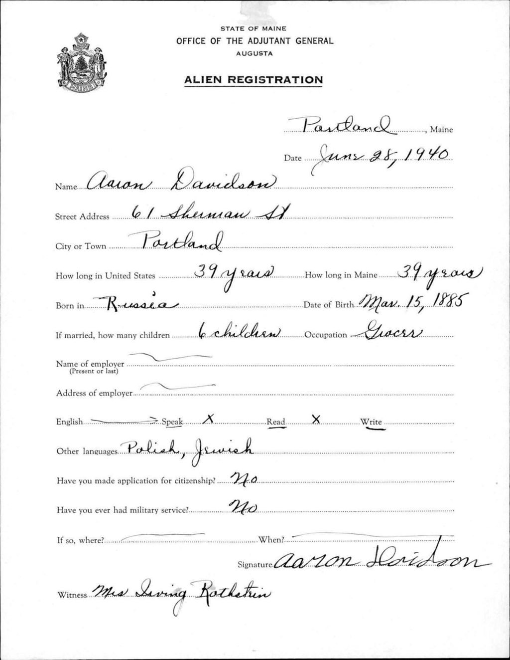 Miniature of Alien Registration- Davidson, Aaron (Portland, Cumberland County)