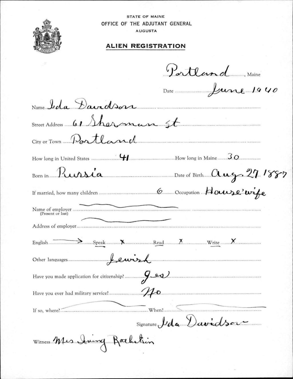 Miniature of Alien Registration- Davidson, Ida (Portland, Cumberland County)
