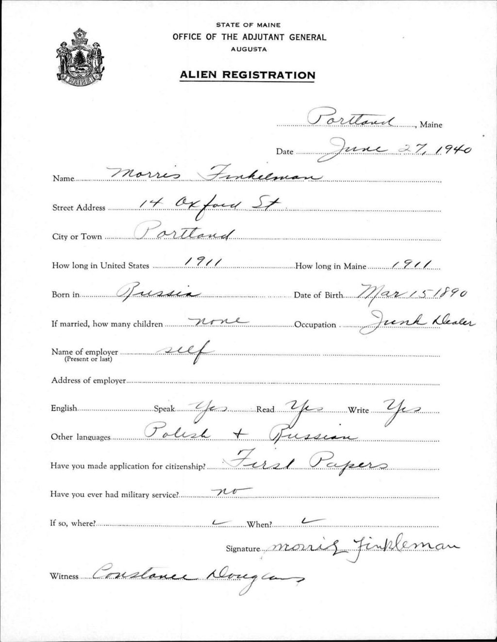 Miniature of Alien Registration- Finkelman, Morris (Portland, Cumberland County)