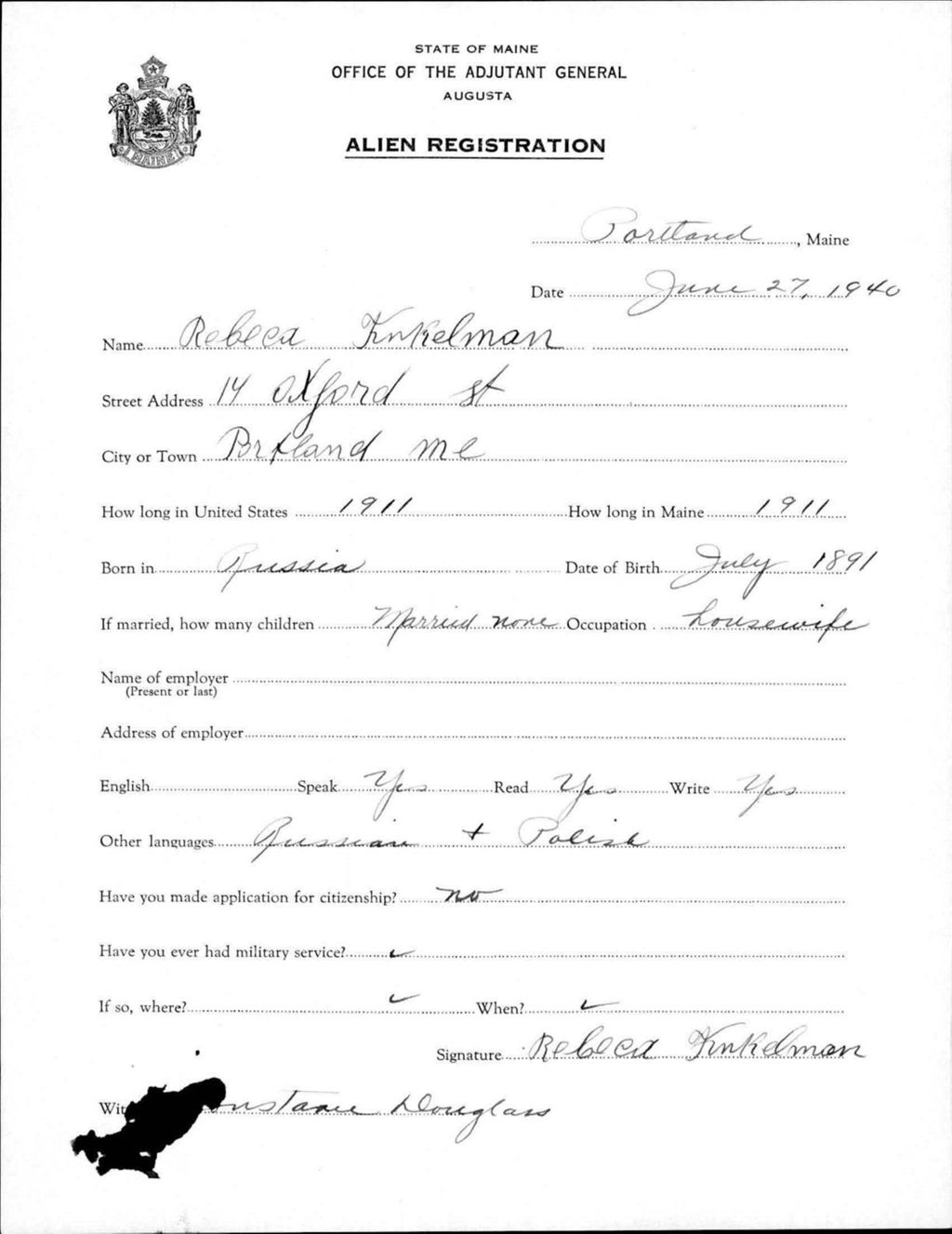 Miniature of Alien Registration- Finkelman, Rebeca (Portland, Cumberland County)