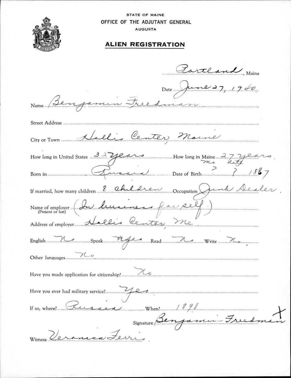 Miniature of Alien Registration- Freedman, Benjamin (Portland, Cumberland County)