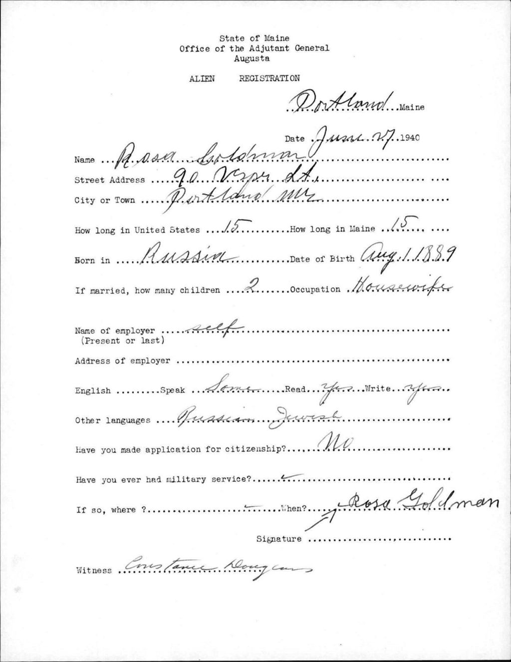 Miniature of Alien Registration- Goldman, Rossa (Portland, Cumberland County)