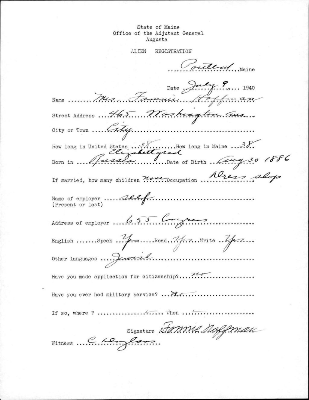 Miniature of Alien Registration- Hoffman, Fannie (Portland, Cumberland County)