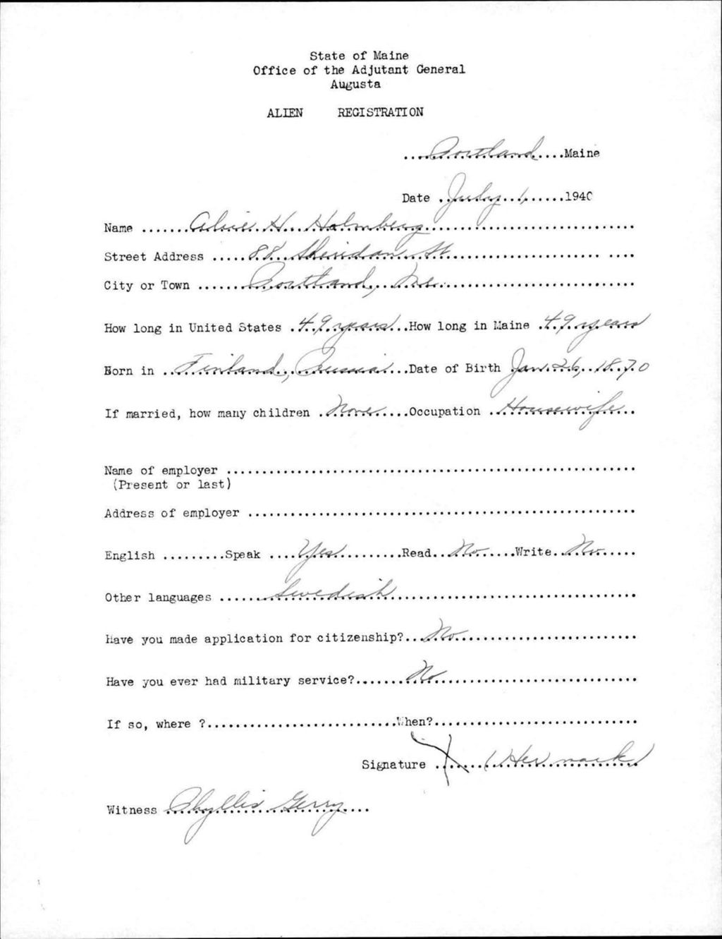 Miniature of Alien Registration- Holmberg, Alice H. (Portland, Cumberland County)