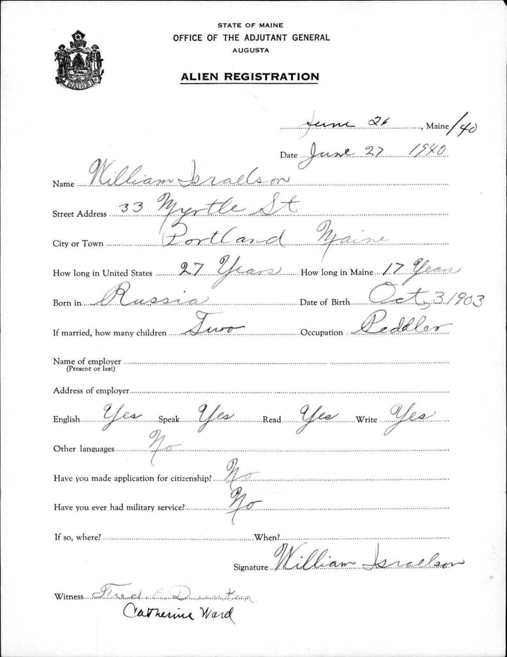 Miniature of Alien Registration- Israelson, William (Portland, Cumberland County)