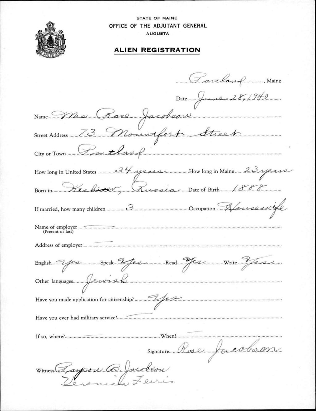 Miniature of Alien Registration- Jacobson, Rose (Portland, Cumberland County)
