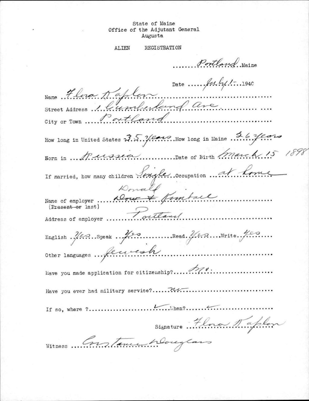 Miniature of Alien Registration- Kaplan, Flora (Portland, Cumberland County)