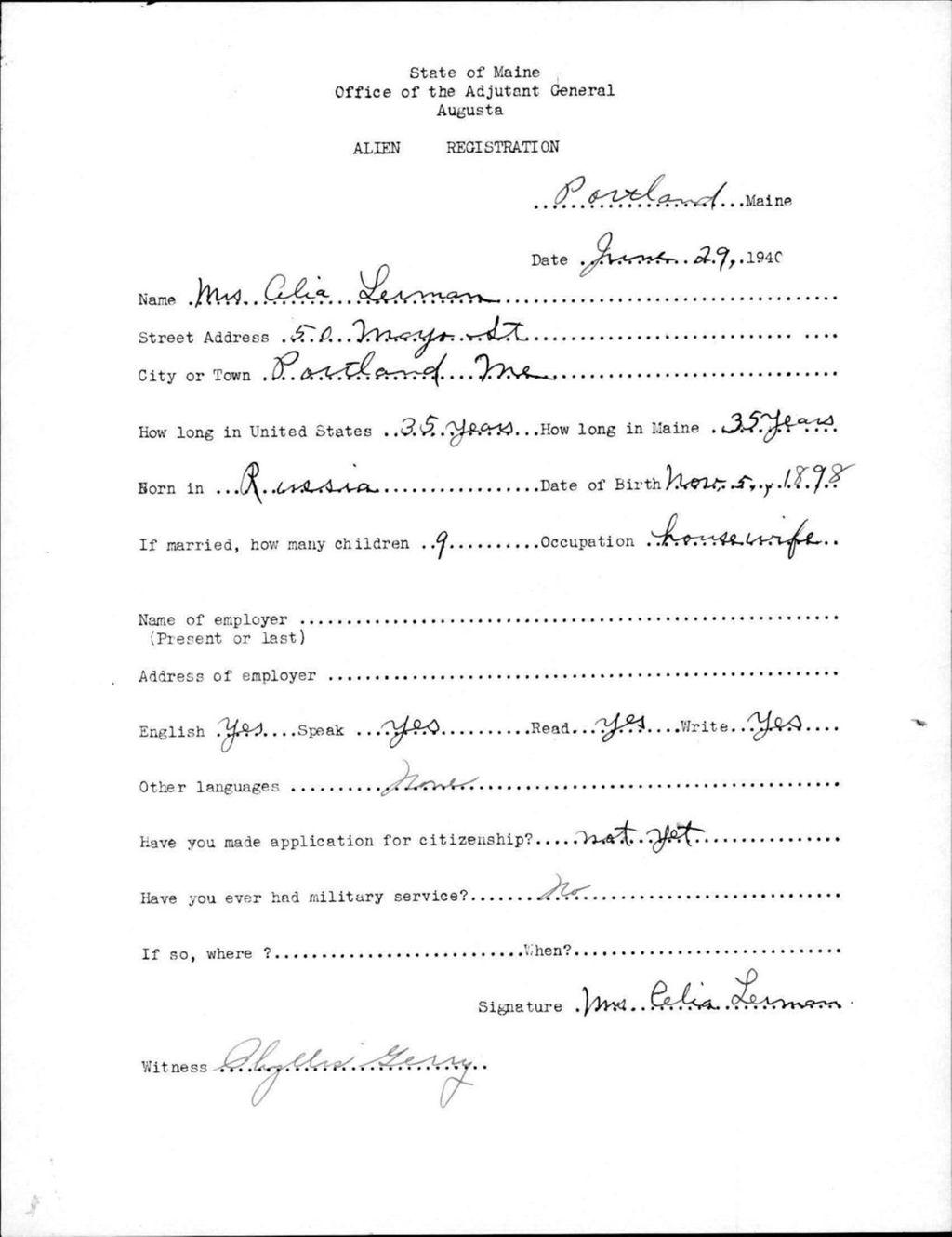 Miniature of Alien Registration- Lerman, Celia (Portland, Cumberland County)