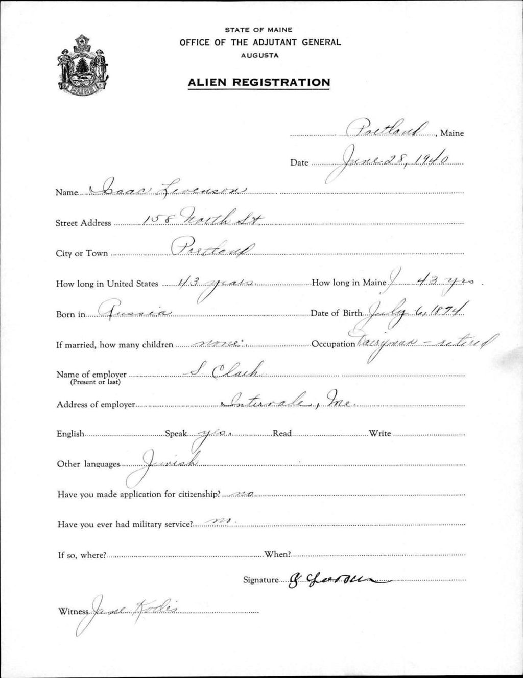 Miniature of Alien Registration- Levenson, Isaac (Portland, Cumberland County)