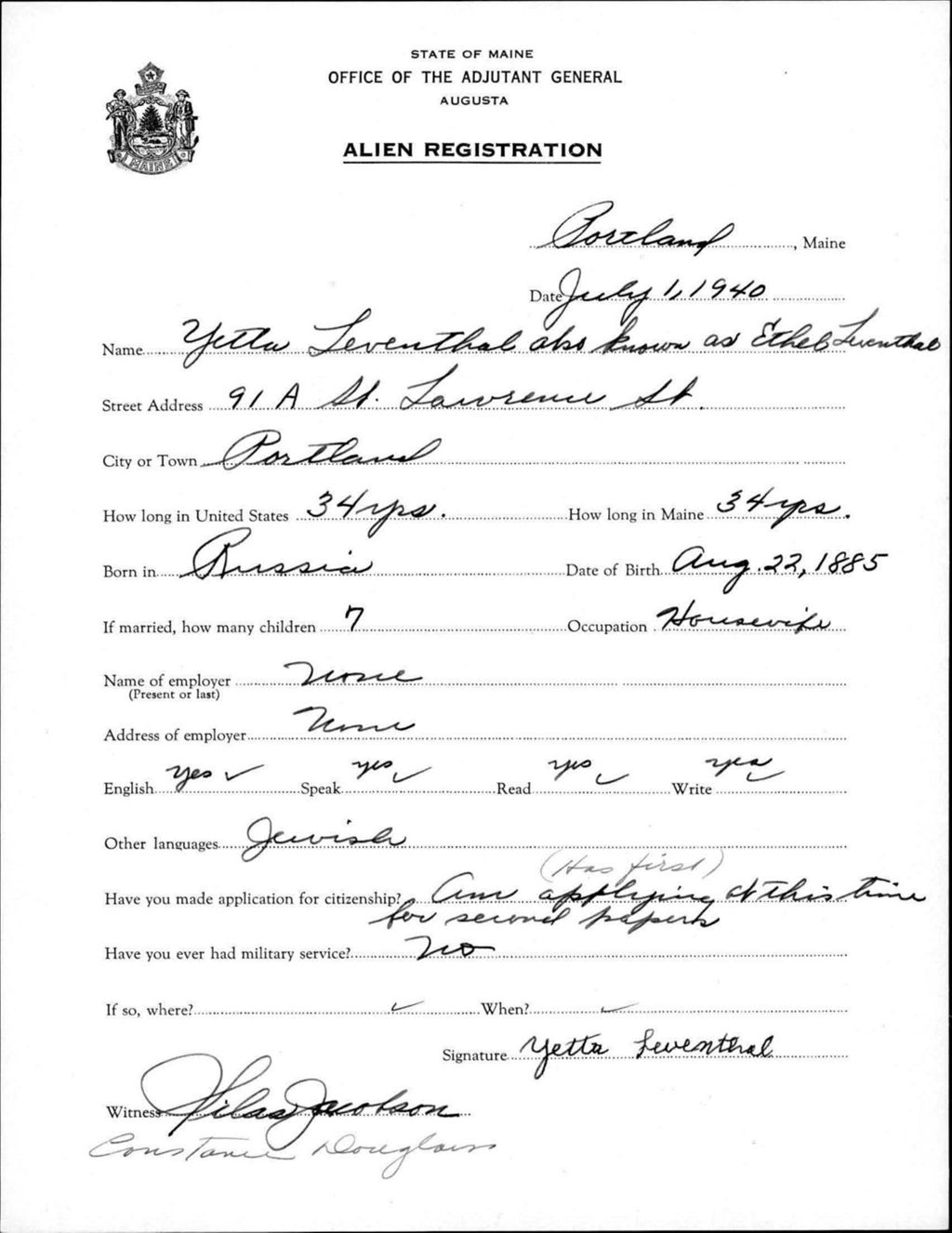 Miniature of Alien Registration- Leventhal, Yetta (Portland, Cumberland County)