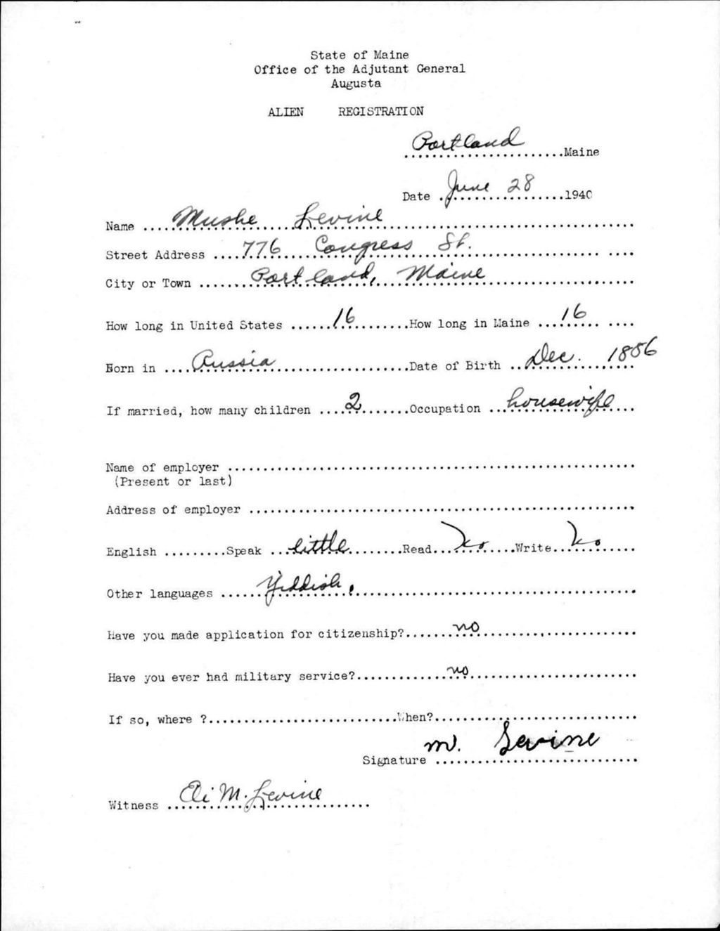 Miniature of Alien Registration- Levine, Mushe (Portland, Cumberland County)