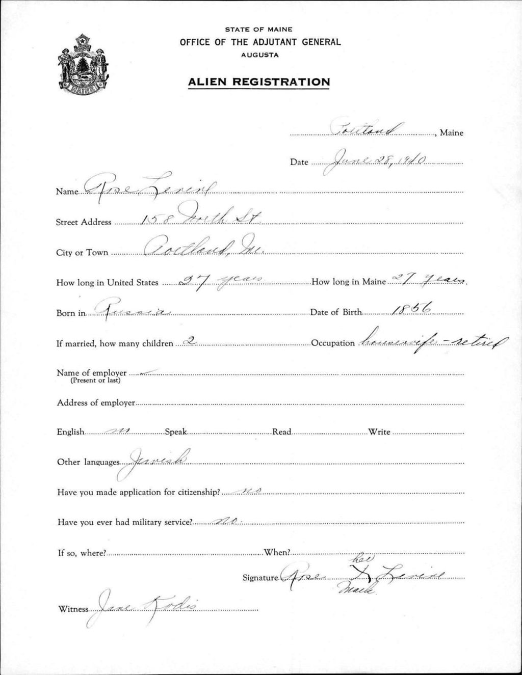 Miniature of Alien Registration- Levine, Rose (Portland, Cumberland County)