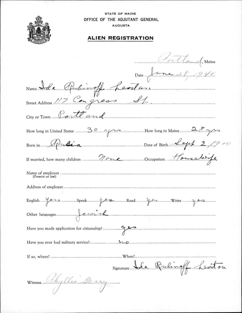 Miniature of Alien Registration- Rubinoff, Ida (Portland, Cumberland County)