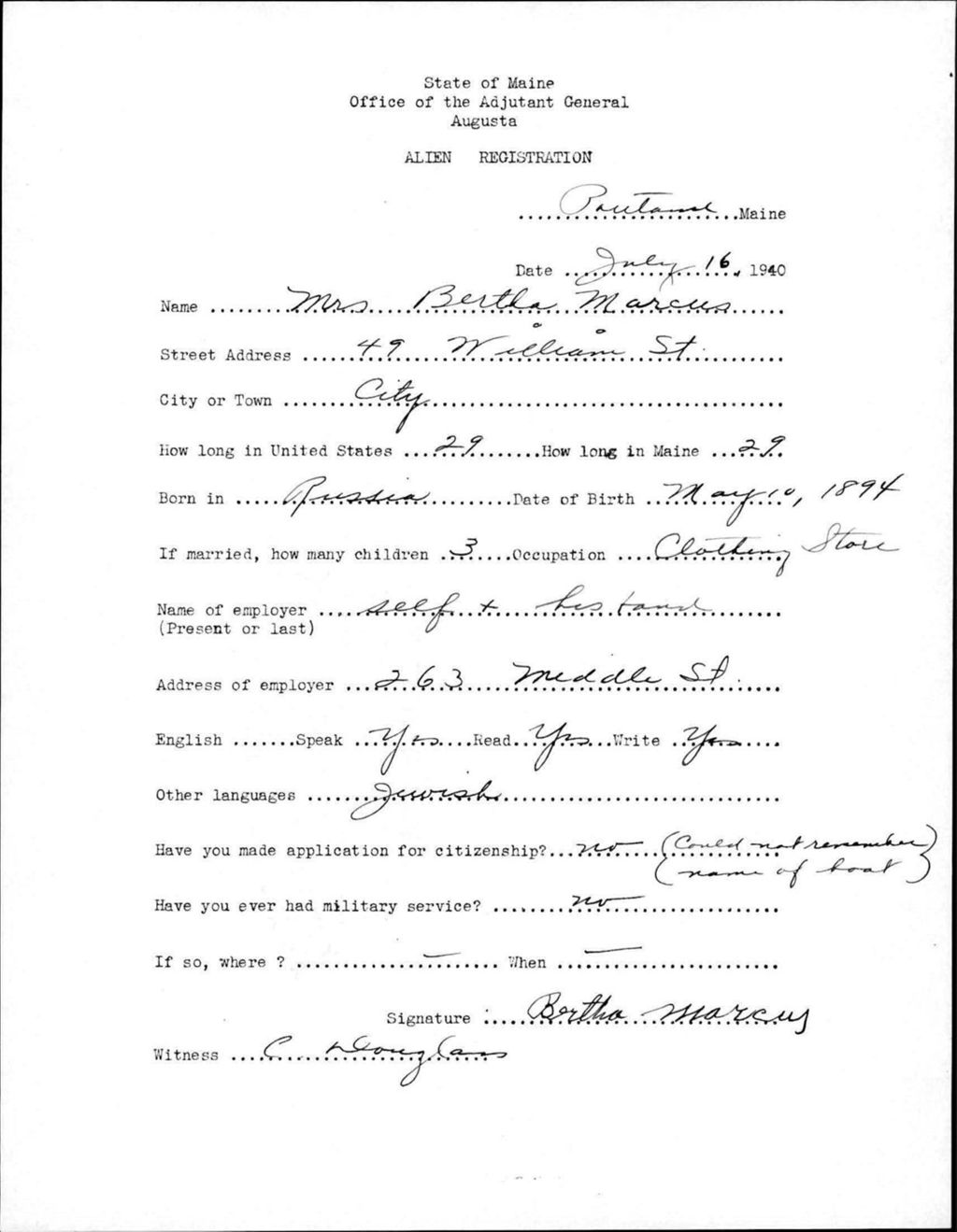 Miniature of Alien Registration- Marcus, Bertha (Portland, Cumberland County)