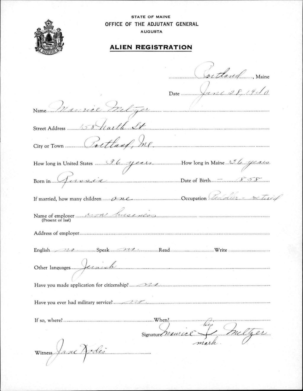 Miniature of Alien Registration- Metzer, Maurice (Portland, Cumberland County)