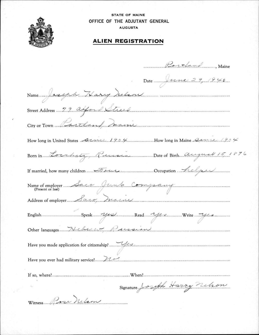 Miniature of Alien Registration- Nelson, Joseph H. (Portland, Cumberland County)