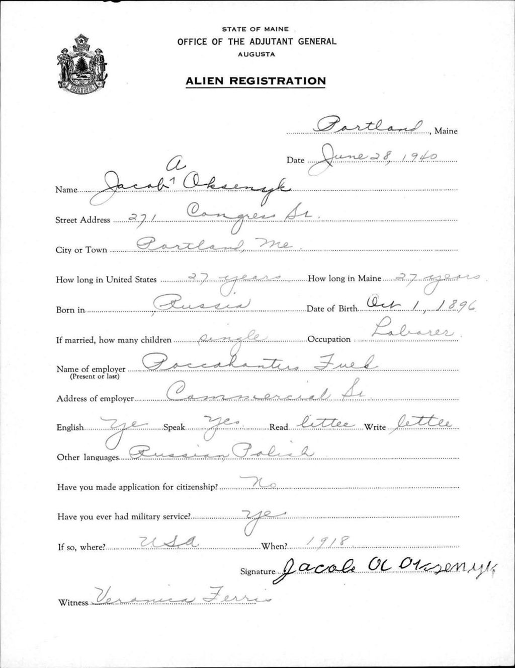 Miniature of Alien Registration- Oksenyk, Jacob A. (Portland, Cumberland County)