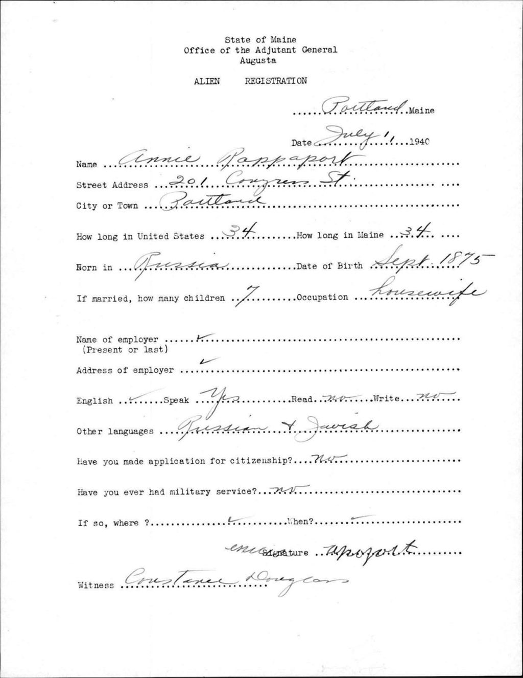 Miniature of Alien Registration- Rappaport, Annie (Portland, Cumberland County)