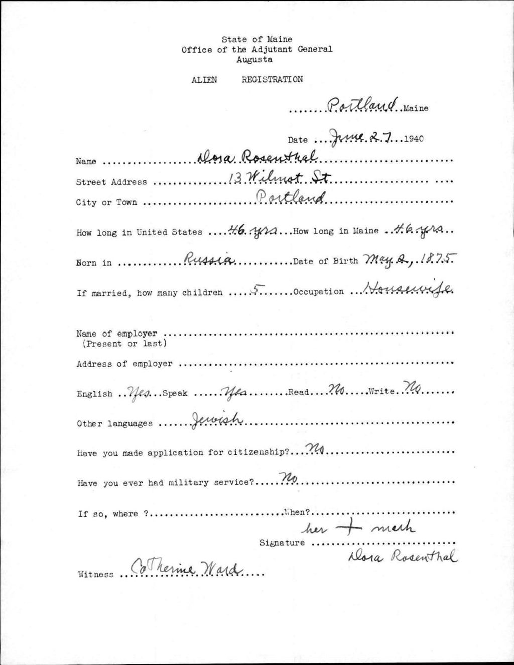 Miniature of Alien Registration- Rosenthal, Dora (Portland, Cumberland County)