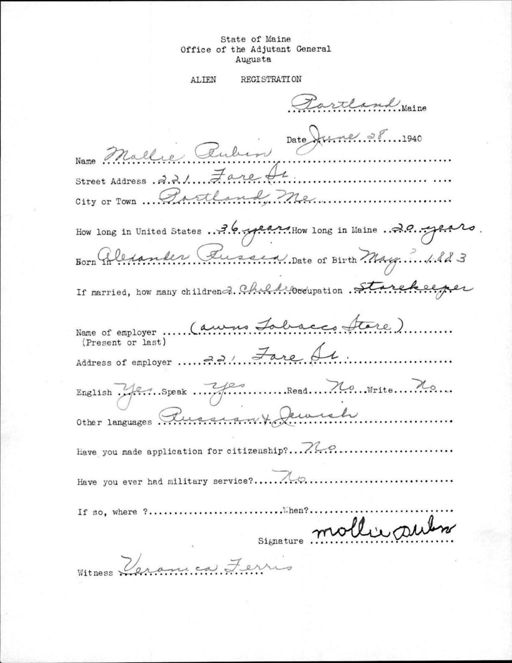 Miniature of Alien Registration- Rubin, Mollie (Portland, Cumberland County)