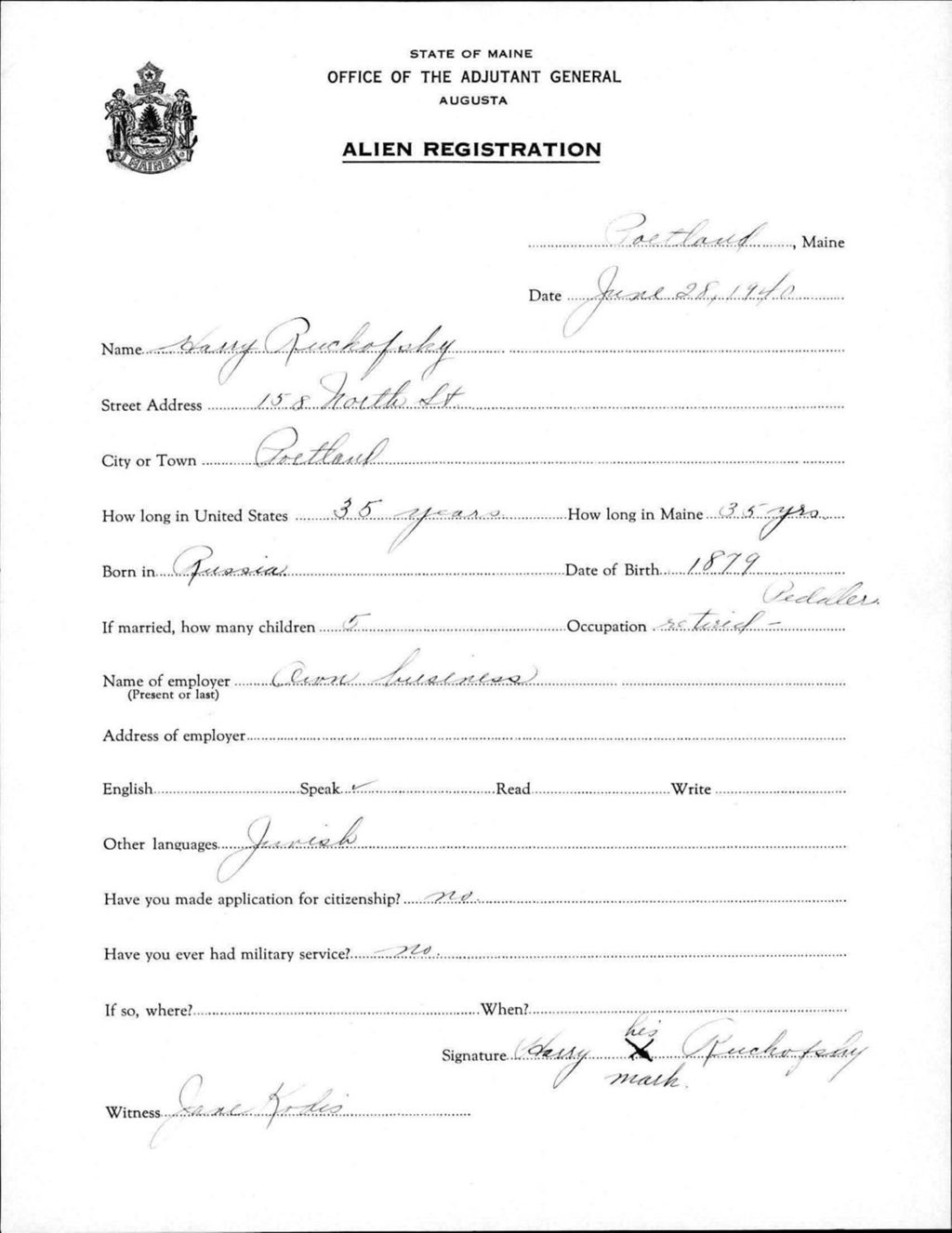 Miniature of Alien Registration- Ruchofsky, Harry (Portland, Cumberland County)