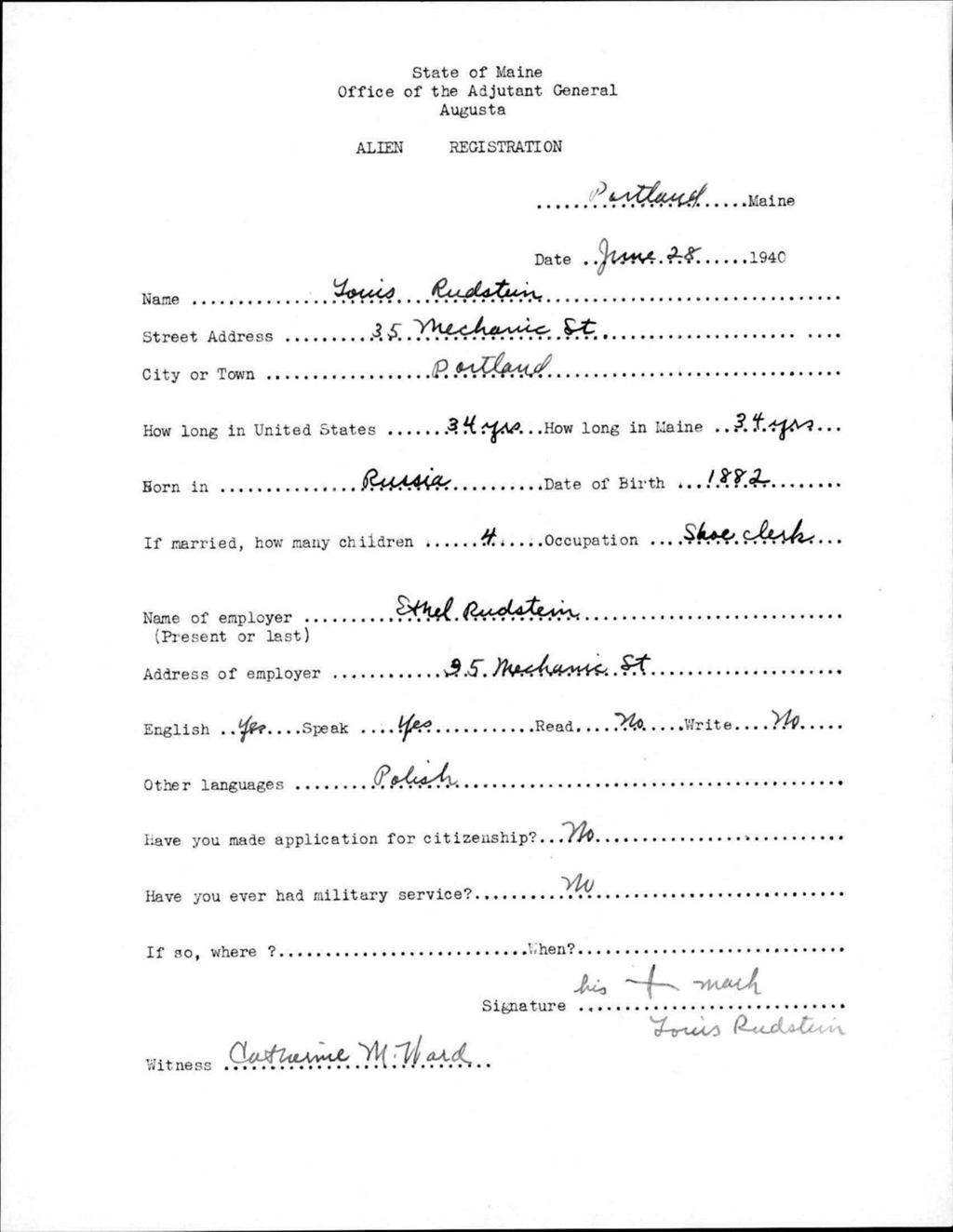 Miniature of Alien Registration- Rudstein, Louis (Portland, Cumberland County)