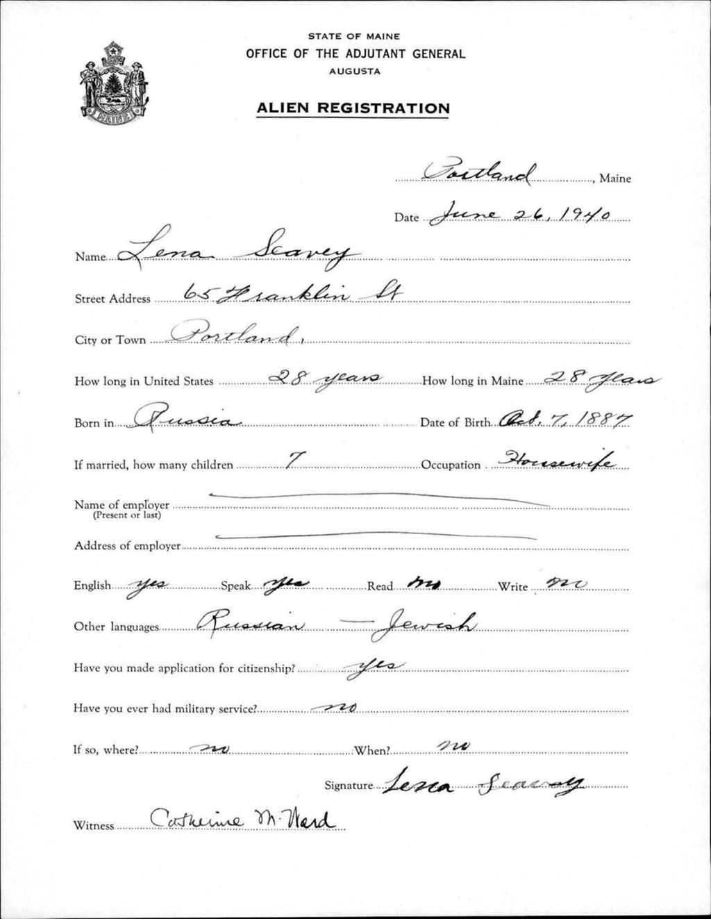 Miniature of Alien Registration- Seavey, Lena (Portland, Cumberland County)
