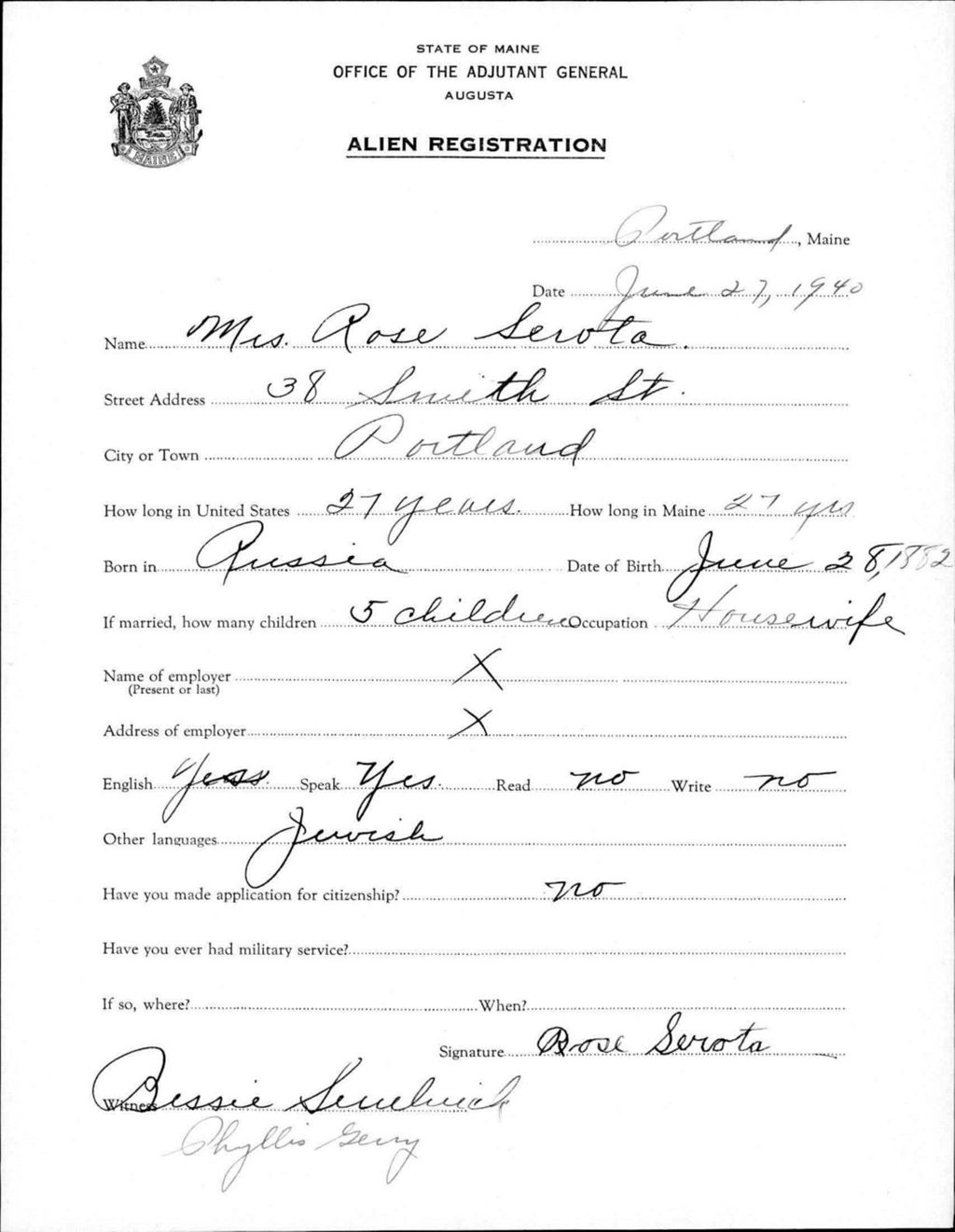 Miniature of Alien Registration- Serota, Rose (Portland, Cumberland County)